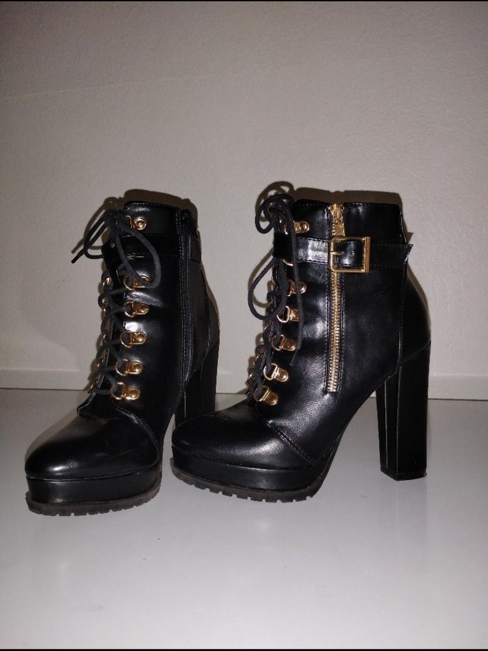 Black Lace-Up High Heel Ankle Boots with Gold Accents - Women
